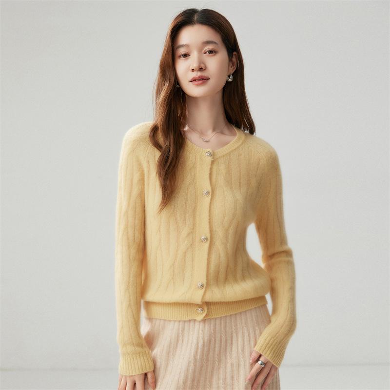 Women's Round Neck Button-Up Cardigan: 75% Cashmere, 25% Mulberry Silk, Cable Knit, Long Sleeve Sweater Coat