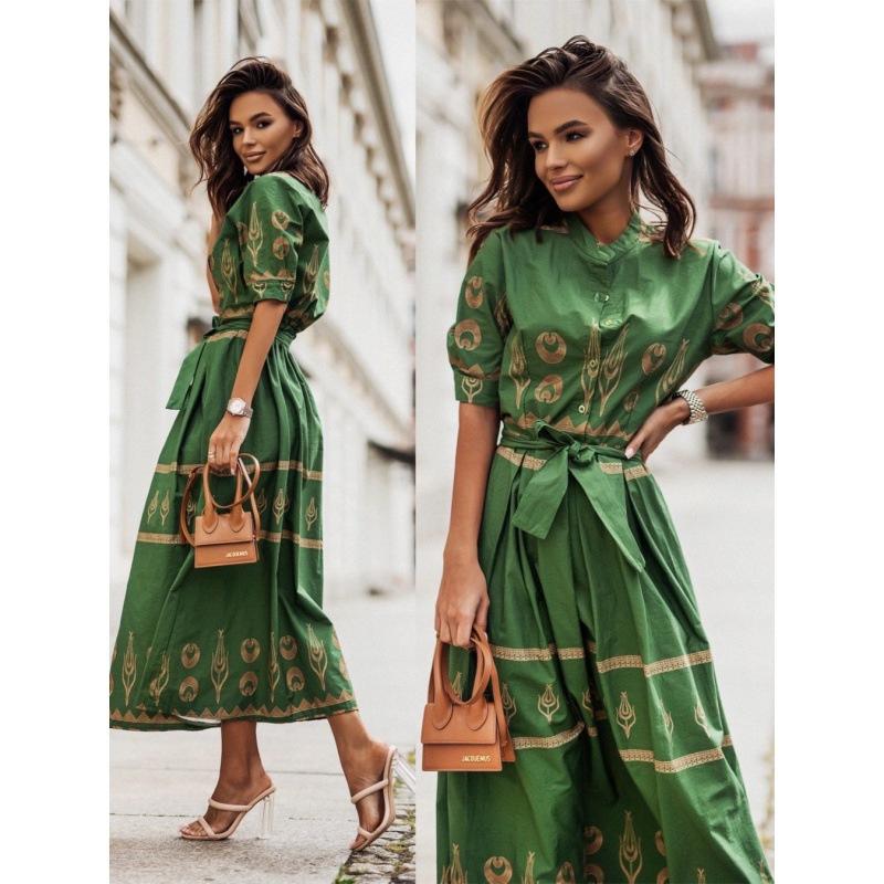 European and American Cross-Border New Short Sleeve Positioning Flower Linen Belt Mid-Length Shirt Dress