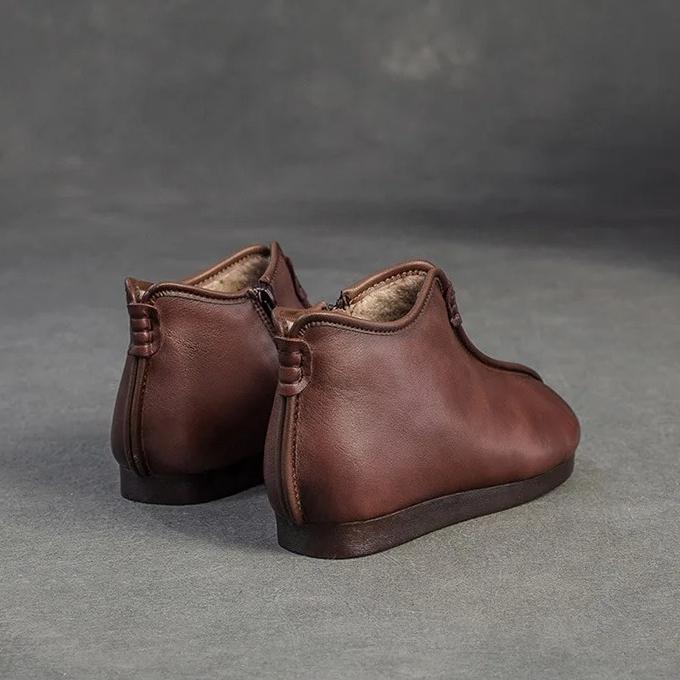 Johnature Genuine Leather Plush Warm Cotton Shoes Round Toe Flat Ankle Boots Commuting Women's Shoes