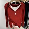 Maglione da Donna Nuovo Primavera 2026 con Bottoni, Top a Maglia Finto Due Pezzi Scollo a V, Blusa a Manica Lunga