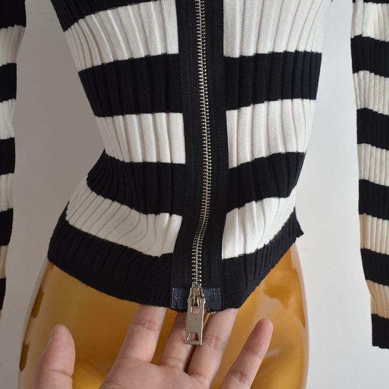 Spring & Fall New Arrival Vintage Stripe Turtleneck Double Zipper Knitting Cardigan Women's Clothes Silm Slimming and Short Sweater Top
