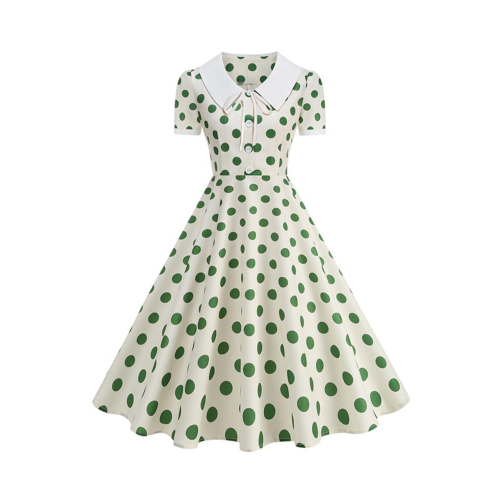 Damen Vintage V-Ausschnitt Knopfleiste Pünktchen Kleid mit ausgestelltem Saum Kurze Ärmel Retro Fit and Flare Kleid für den täglichen Gebrauch