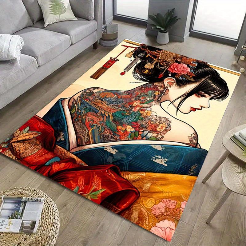 [Vibrant Geisha Art Rug] Polyester Vibrant Geisha Art Rug | Traditional Japanese Kimono Design with Floral Tattoo Patterns | Rec