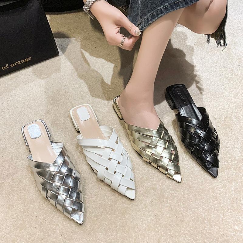 Summer French niche retro cross-woven hollow fashion low-heeled slippers muller shoes