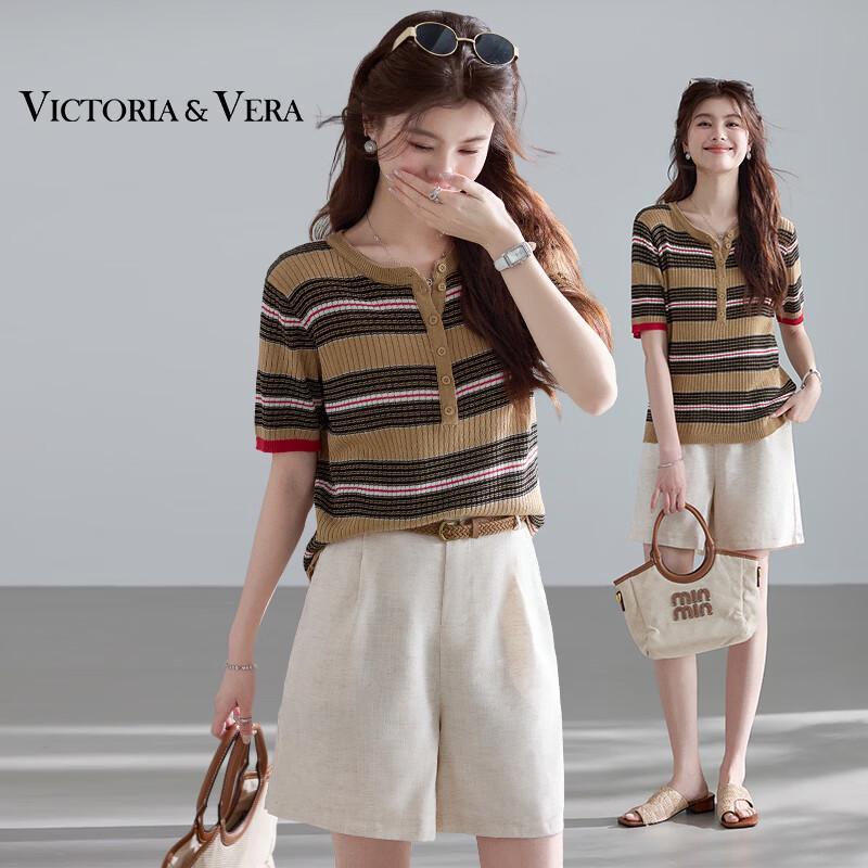 VICTORIA&VERA Women s Striped Round Neck Short Sleeve Knit Top XL