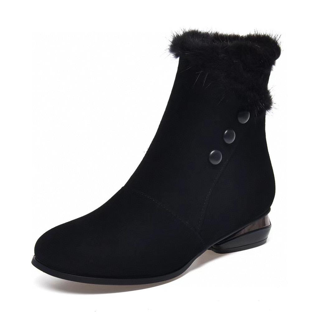Round Head Women's Boots Flat Boots New Personalized Button Fluffy Boots Black Sheepskin Fashion Boots