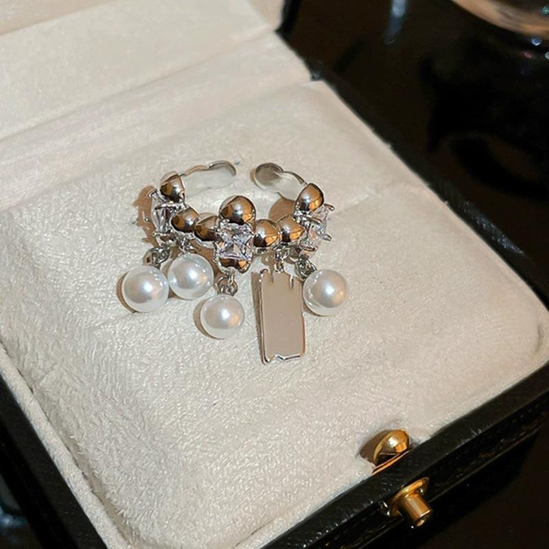 Retro Silver Bow Love Flower Pearl Open Ring Simple Index Finger Ring Versatile Jewelry Women