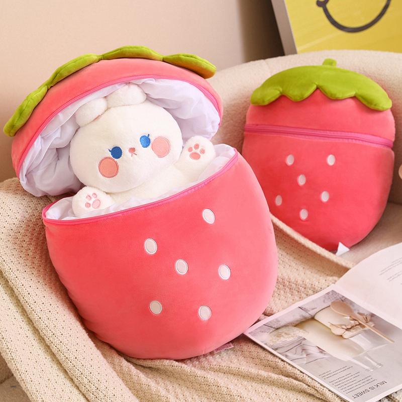 Creative Plush Toy Stuffed Soft Rabbit Pig Hiding in Strawberry Bag  Fruit Animal Pillow Toys Gift New