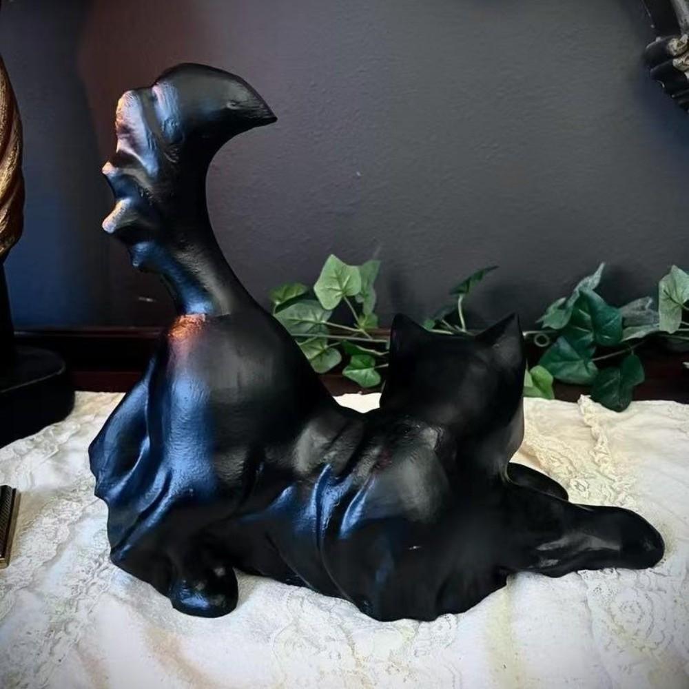 Cute Halloween Black Cat Statue Glow In The Dark Handmade Stretching Cat Figurine White Unique Cat Resin Sculpture Shelf Display