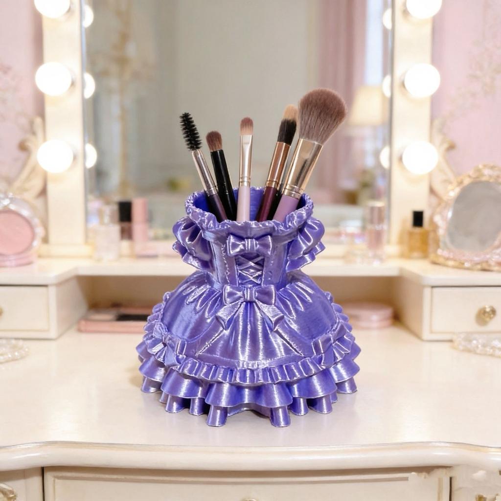 Lolita Princess Skirt Vanity Organizer 3D Printed Cute Pen Holder Girlish Desktop Organizer for Makeup Brushes & Stationery Gift
