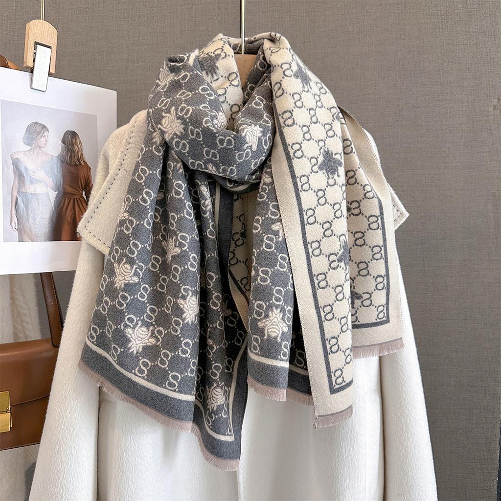 Autumn New Temperament Imitation Cashmere Bee Jacquard Scarf Women's Thickened Warm Long Trendy Scarf