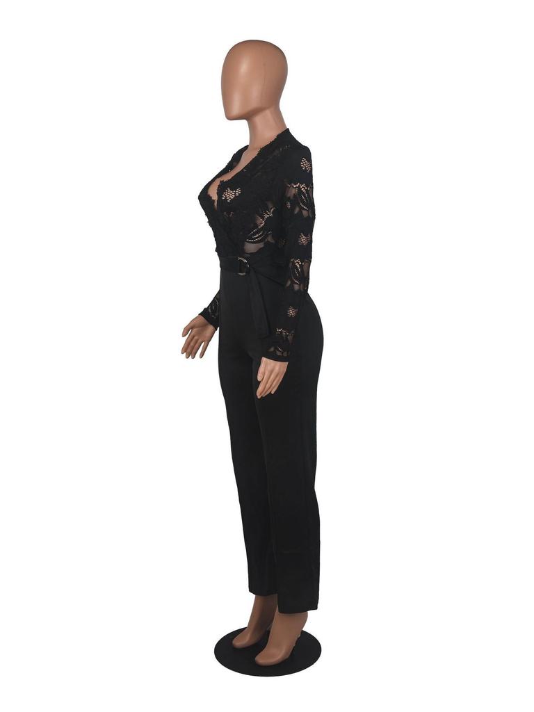 Elegant V-Neck Lace Slim Fit See-Through Jumpsuit