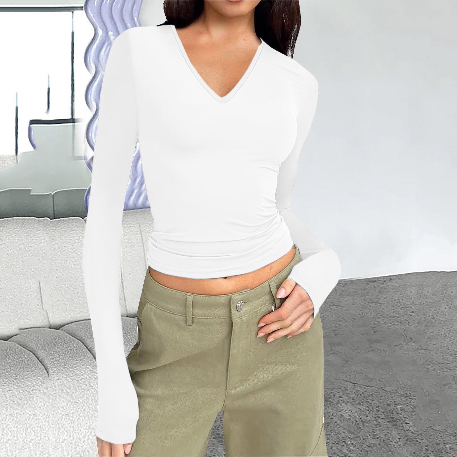 

Осенне-зимняя женская нижняя рубашка с v-образным вырезом и длинными рукавами, базовая тонкая футболка, топы XL белый
