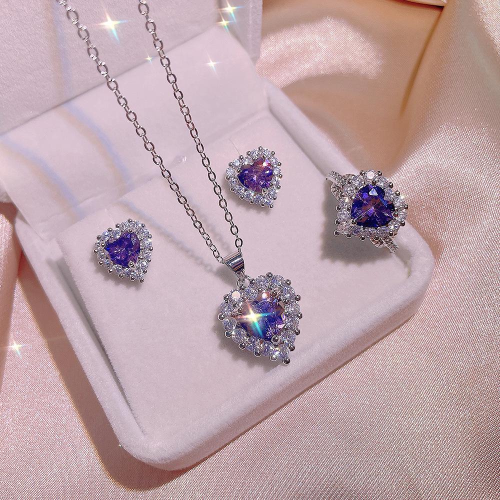 Purple Heart Zircon Jewelry Set: Ring, Earrings, and Necklace - Elegant Three-Piece Collection