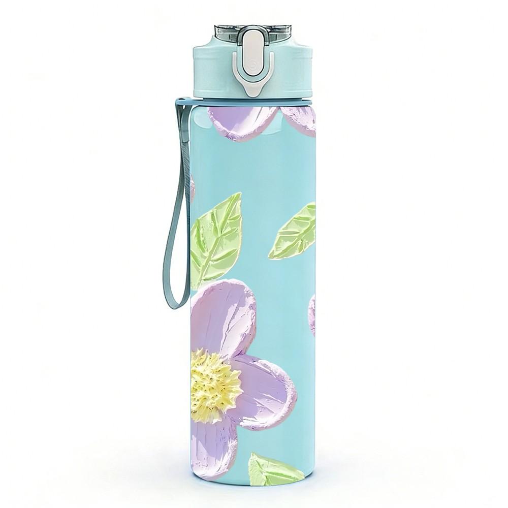 1PC Soft Pastel Purple Floral Leaf Print 750ml Color Plastic Sports Water Bottle Leakproof Flip Straw Lid Suitable for Sports Office Home Use