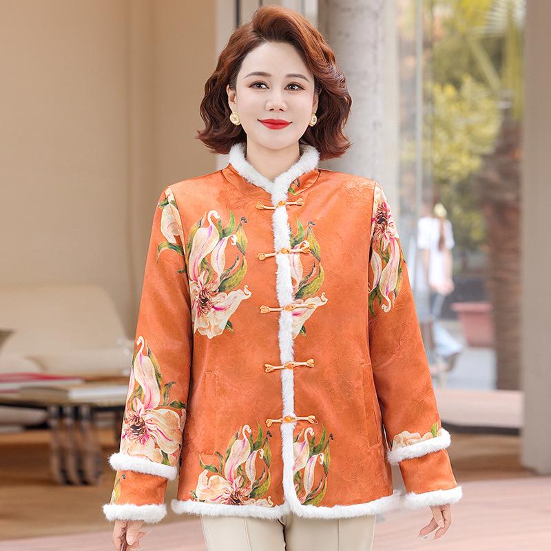 

Elderly Women s Ethnic Floral Cotton Jacket with Velvet Lining and Frog Button 4XL for 140-155 jin