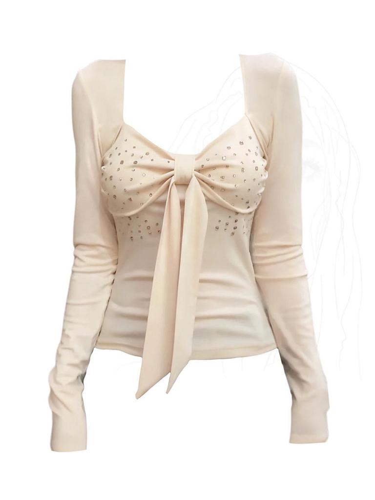 Plus Size Rhinestone Bow Long Sleeve Slim Fit Lace-Up T-shirt for Women