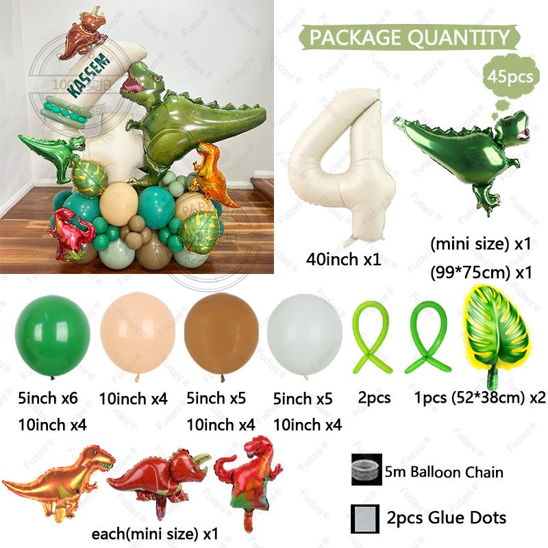 45pcs Jungle Dinosaur Party Balloons Set Mini Dinosaur Balloon Cream White Number Ballon Kids 1 2 3 4 5Year Birthday Party Decor