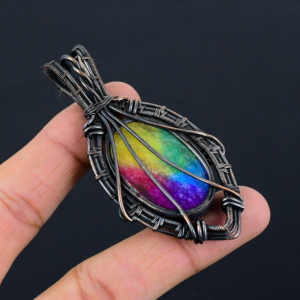 Rainbow Solar Quartz Gemstone Pure Copper Wire Wrapped Handmade Pendant Jewelry
