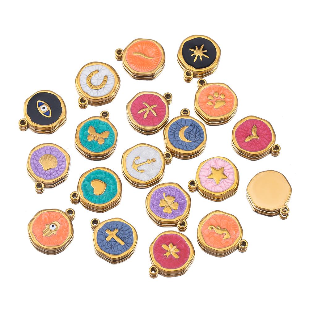 8pcs Gold Color Stainless Steel Enamel Heart Eye Sun Star Round Charm Pendants DIY Earrings Necklace Jewelry Making Supplies
