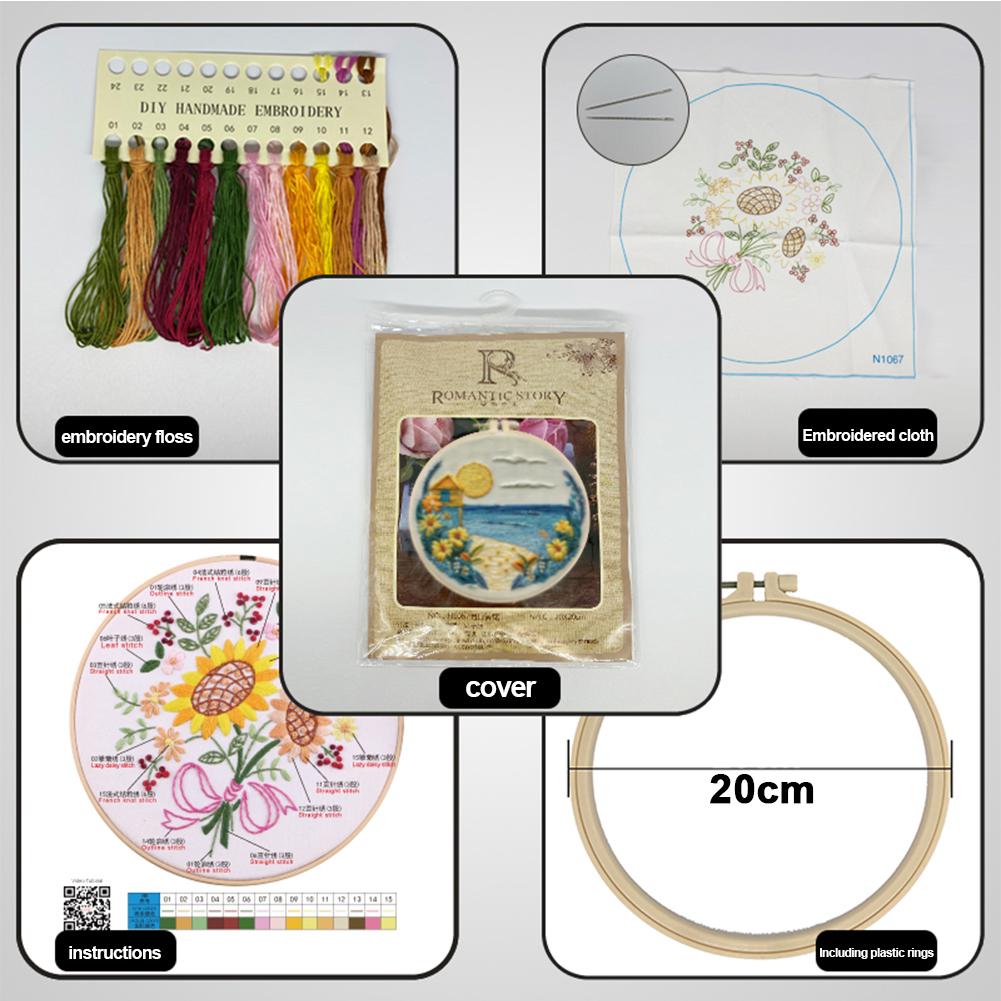 Landscape Stamped Cross Stitch Embroidery Kits with Hoop Cloth Color Thread