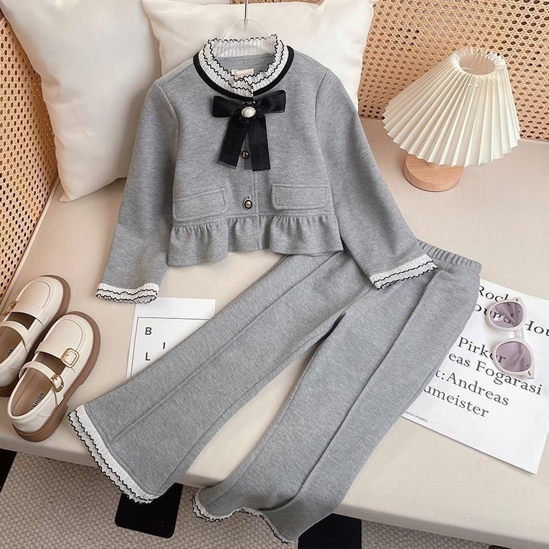 College Style Girls' Autumn Set Long Sleeved Bow Detail Top Flared Pants Two-Piece Fashionable Fall Outfit