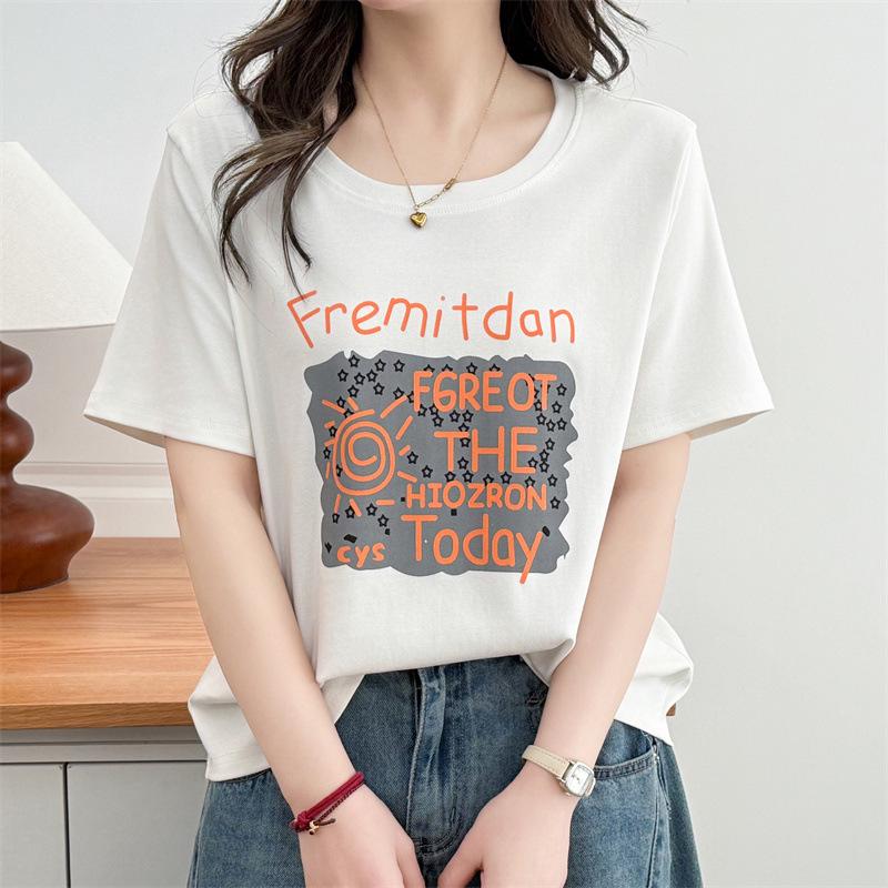 2026 Plus Size Women's Short Sleeve Letter Print Cotton T-shirt, Casual Round Neck Top