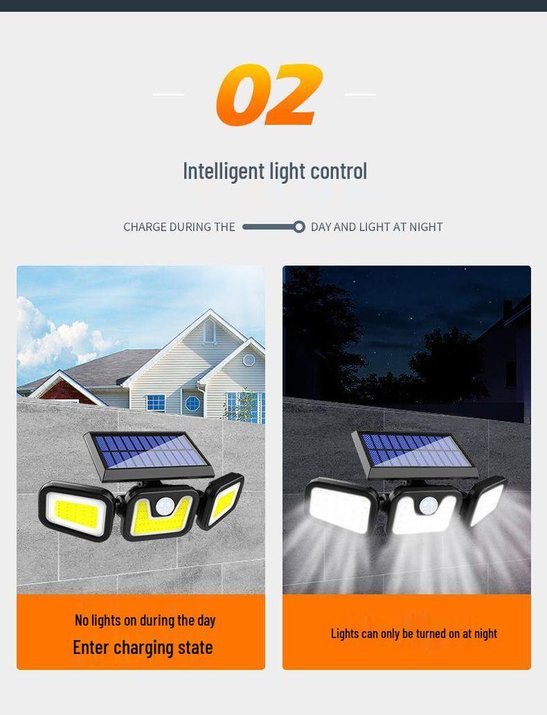 74-LED Outdoor Solar Sensor Light, Three-Head Rotatable, Waterproof for Wall, Road, Courtyard, Street Lighting