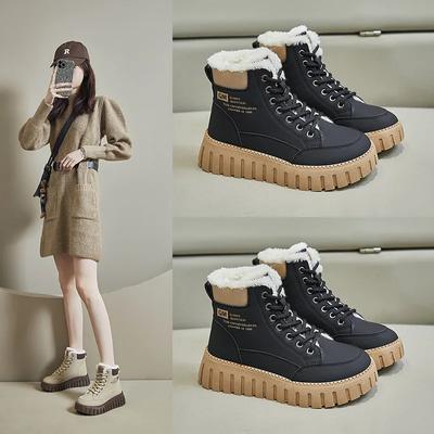 Damenstiefel 2024 Winter Neu High Top Damen Plüsch Warm Student Baumwollschuhe Dicke Sohle Schnürung Höhe Erhöhende Baumwollstiefel