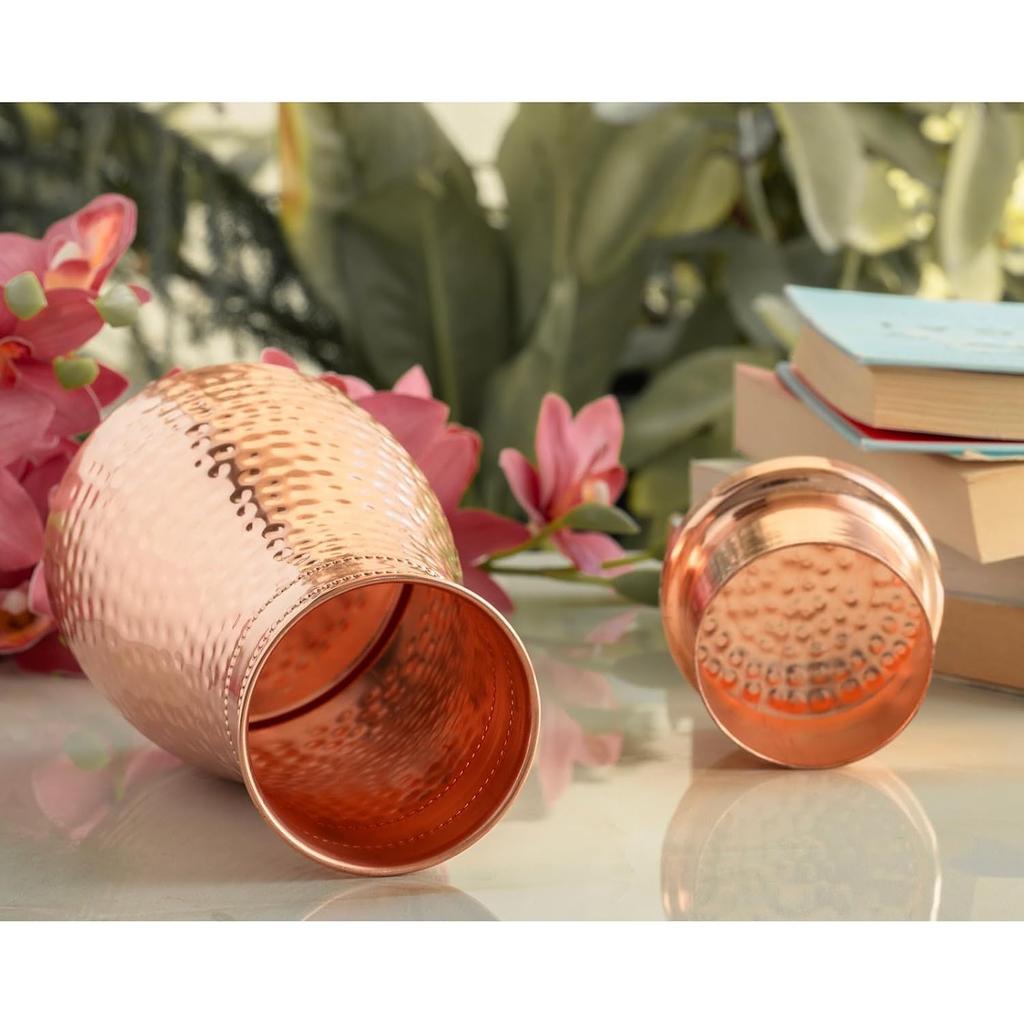 Pure Copper Bedroom Water Bottle with Inbuilt Glass, Hammered Shine Design, Drinkware and Storage Purpose, 950 ml