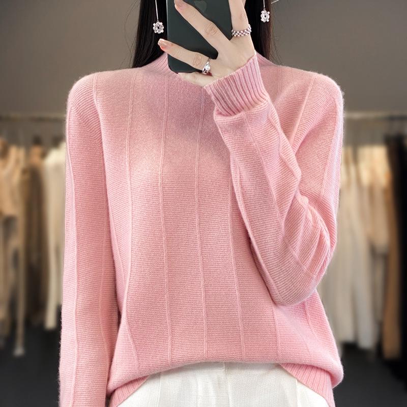 2023 Women's Pure Wool Round-Neck Sweater - Solid Color, Vertical Stripe, Commuter Style, Knitted for Warmth