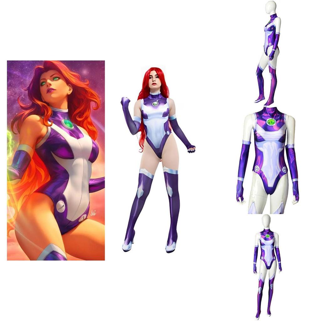 Tuta Cosplay di Starfire dei Teen Titans Costume di Halloween per Adulti Bambini Stampa 3D Tessuto Elastico Traspirante