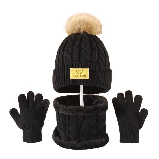 3Pcs/Set Kids Winter Hat Scarf Gloves Set Plush Ball Decor Twist Texture Brimless Hat Knitting Gloves Fleece Lining Neck Gaiter Set