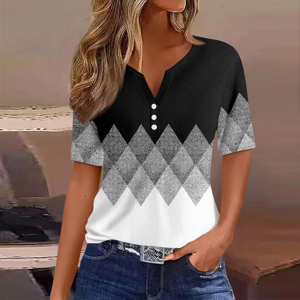 Women's T Shirt Tee Print Button Short Sleeve Tunic Daily Weekend Fashion Basic V- Neck Regular Top