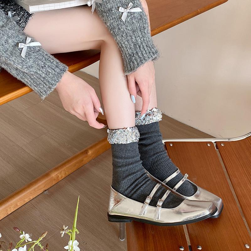 Ladies Spring and Summer Thin Style Personality Fashion Solid Color Heavy Industry Sequins Design Sense In The Tube Pile Socks
