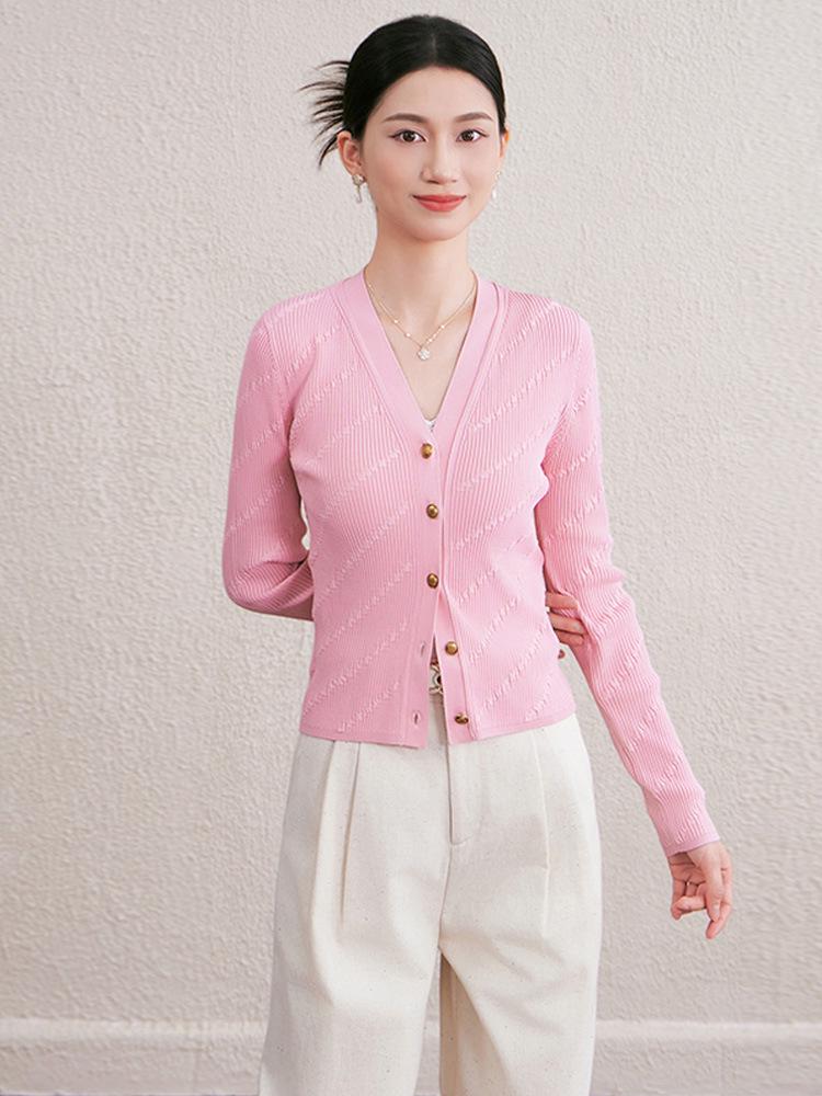 2025 Autumn/Winter V-neck Long Sleeve Single-Breasted Diagonal Stripe Knit Cardigan Outerwear