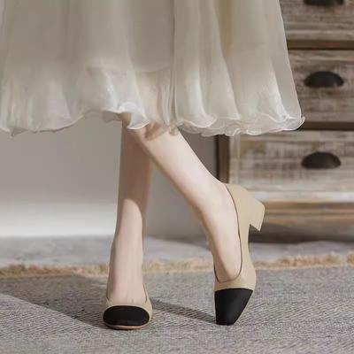 Color Matching Thick Heel Single Shoes Women's Autumn New Versatile Medium Heel Light Mouth Scoop High Heels