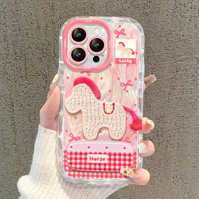 Applicable To Apple 17promax Mobile Phone Case Iphone15 Feather Yarn 16 Embroidery Pony Mirror Bracket 14 Creative 13
