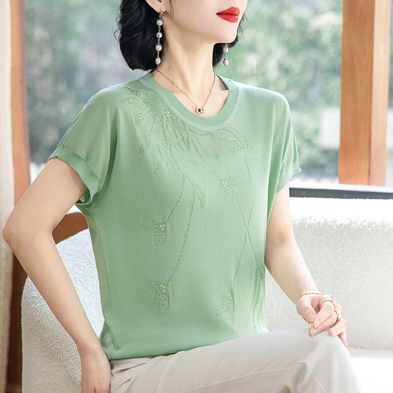 Damen Eisseide Strick-T-Shirt, Kurzarm, Sommerstil für Alter 40-50