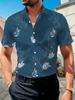 Men'S Navy Blue with Palm Leaf Print Short Sleeve Shirt, Easy Fresh Vacation Style Blouse, Ultra-Comfortable And Breathable Casual Top, Beach Travel