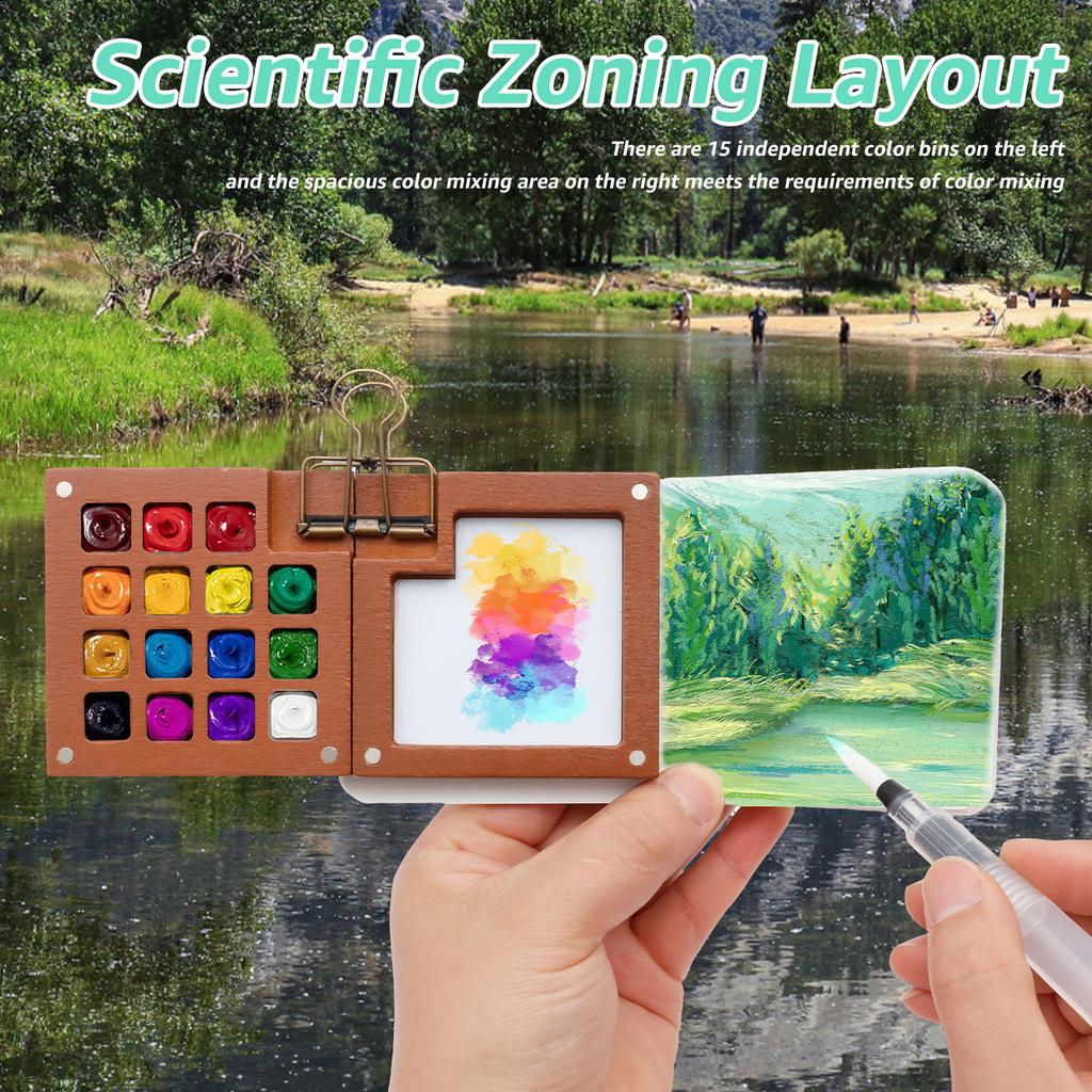 1Set Mini Watercolor Paint Set Portable Pocket Watercolor Kit with 15Grid Palette 24 Color Paint Sketchbook and Brush for Travel