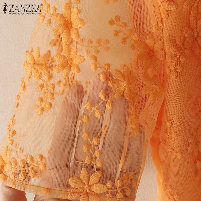 ZANZEA Bluză casual de damă cu guler înalt, mânecă scurtă, patchwork cu broderie din dantelă