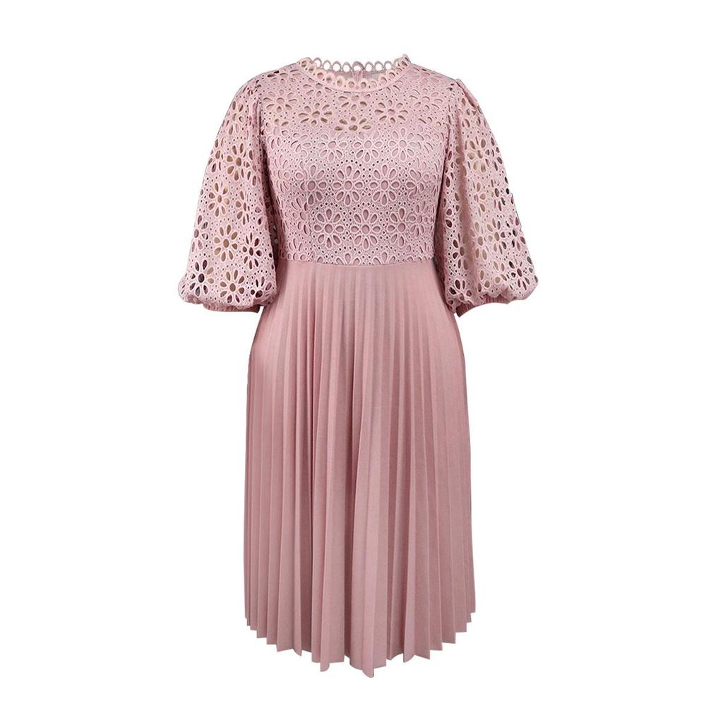 Plus Size Lace Lantern Sleeve Dress with Pleated Skirt - Christmas Gift
