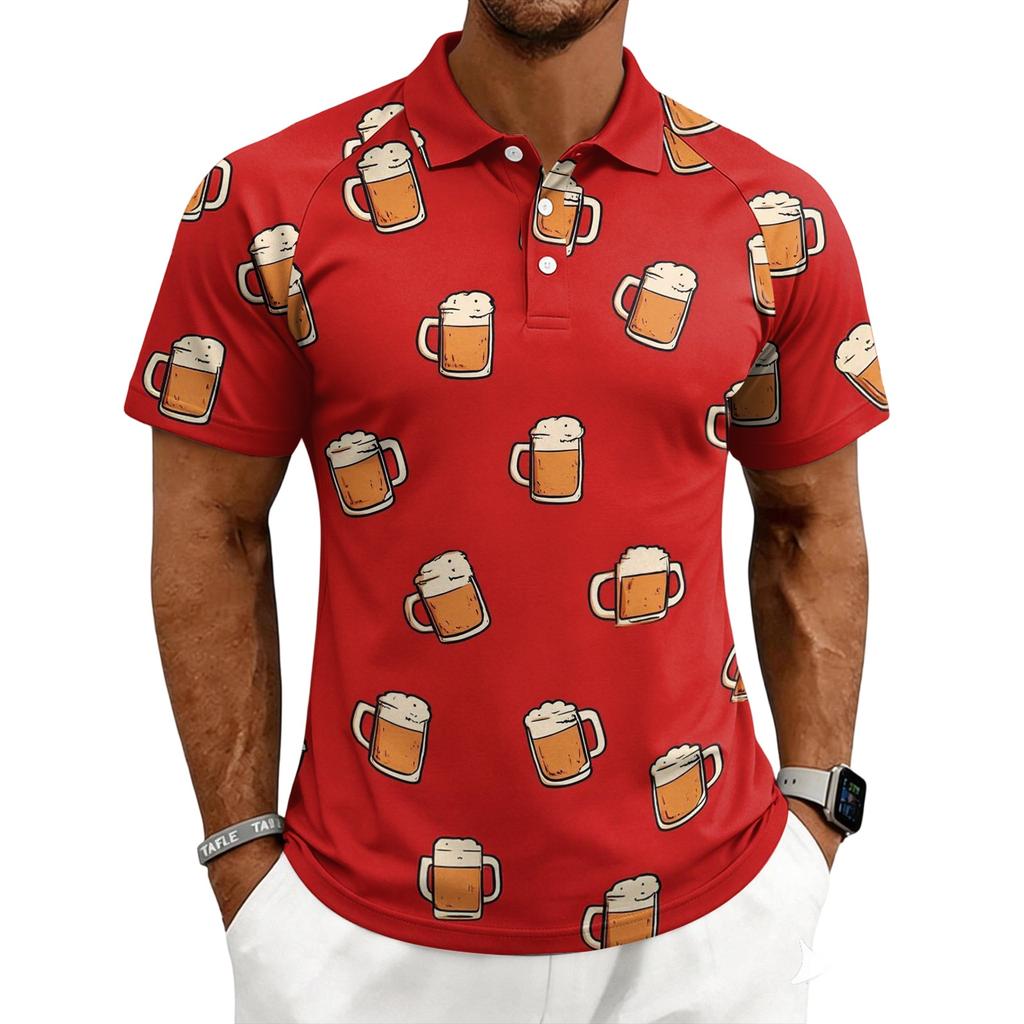 Men's Casual Polo Shirt Short Sleeve Button Down Collar Printed Pattern Lightweight Breathable Fabric Summer Top