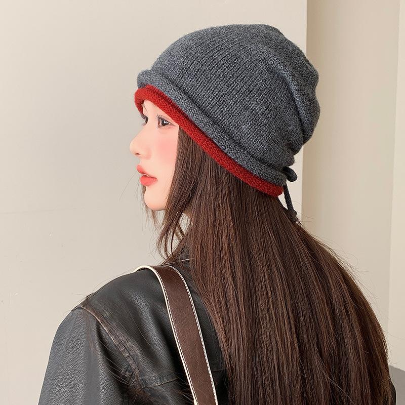 Drawstring Rolled Edge Woolen Hat for Women High End Striped Pile Hat Autumn and Winter Versatile Casual Warm Knitted Hat Baotou Hat