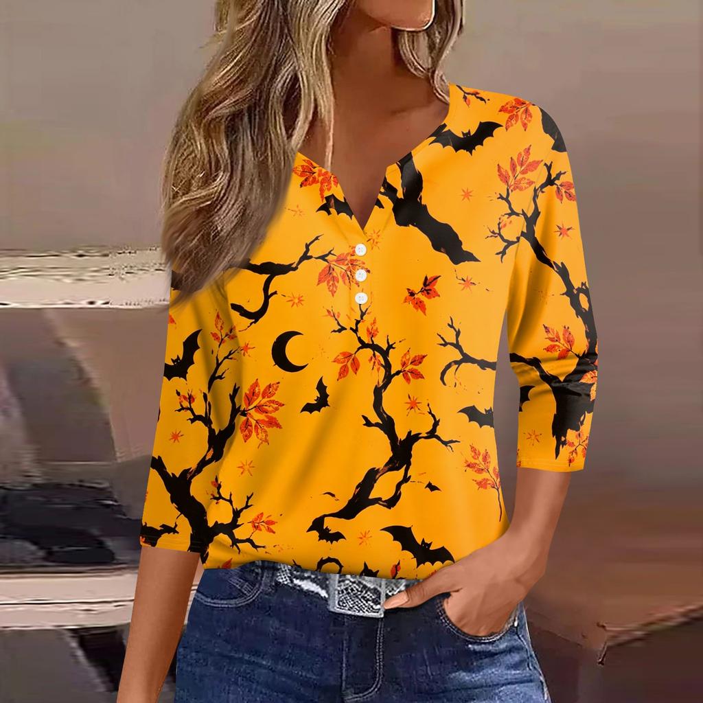 Women Casual Halloween Print V Neck 3/4 Sleeve Button Front Top Lightweight Soft Fabric Relaxed Fit Shirt