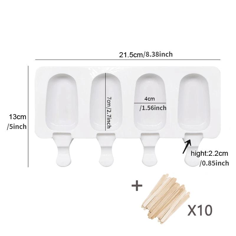 Silicone Ice Cream Maker 4 Cavities Popsicle Mold with Wooden Sticks Oval Cake Chocolate Baking Tools Reusable Dessert Molds