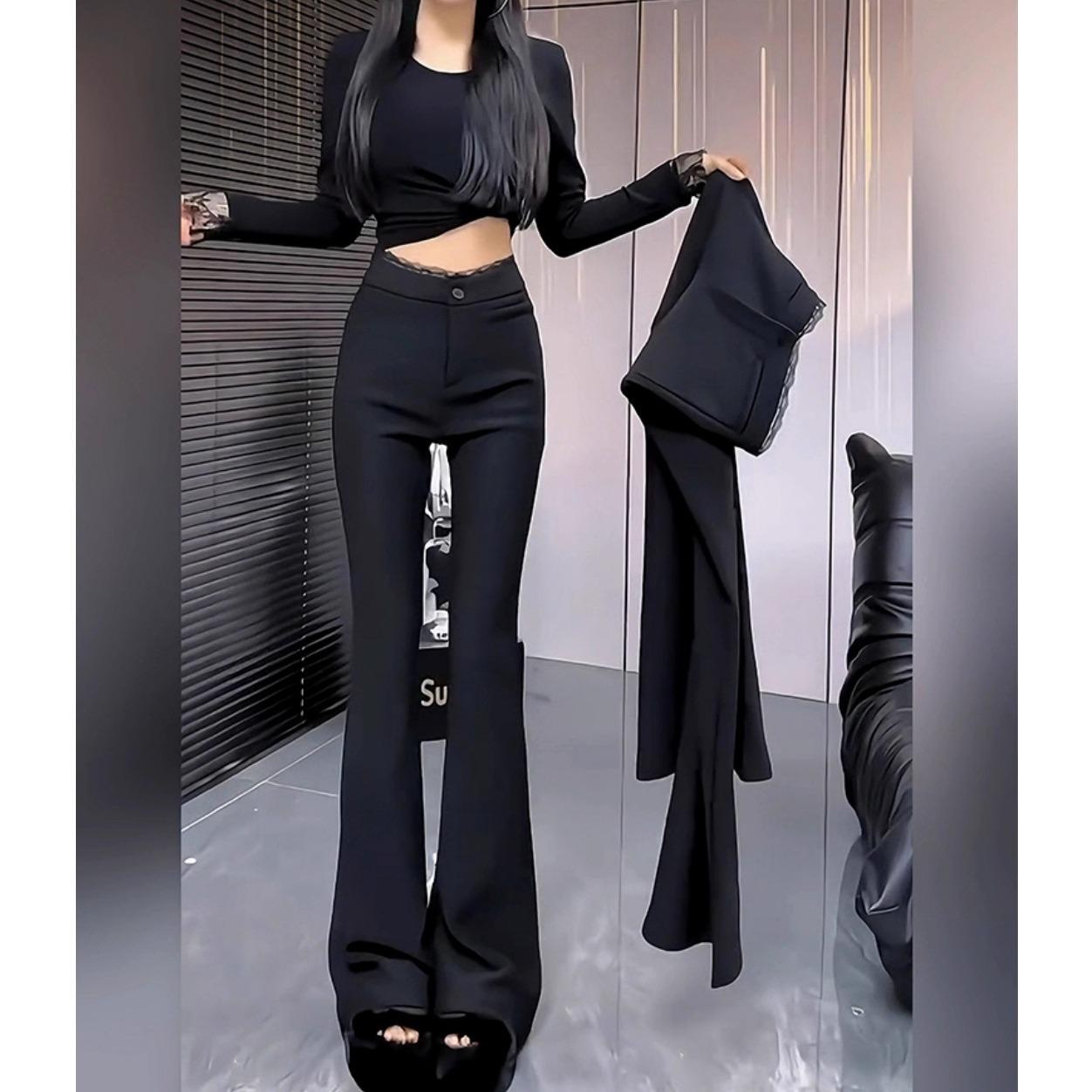 Women s Plus Size High-Waisted Fleece-Lined Lace Patchwork Flared Pants for Spring/Autumn S