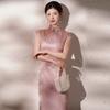 Pink Sleeveless Modern Chinese-Inspired Long Cheongsam Dress Women 2026 Daily Wear
