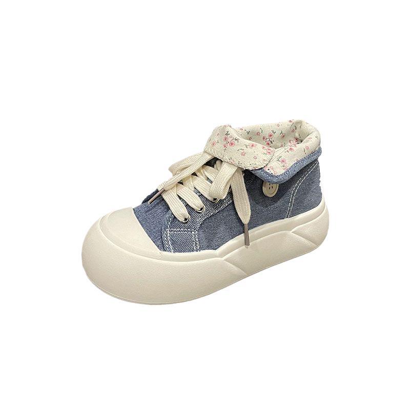 Xiaoxiangfeng Floral Canvas Shoes Women's High-top Shoes 2025 New Autumn Niche Thick-soled Round Head Board Shoes Ins Tide